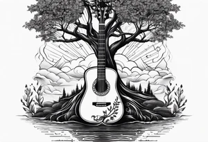 tree with guitar neck as trunk and roots are an anchor tattoo idea