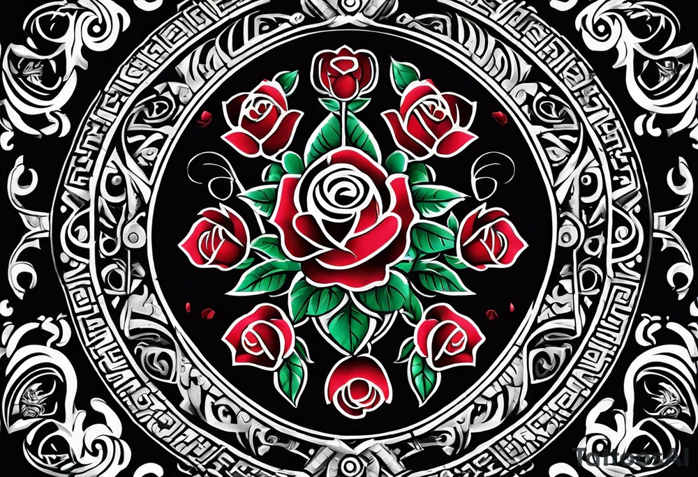 Design a masculine tattoo depicting three delicate rose buds being embraced and protected by 
Aztec weapons. The weapons should include elements such as the macuahuitl (Aztec sword-club), obsidian blades, and Mayan calendar, arranged in a way that forms a protective circle or embrace around the roses. Carve the entire image as if it were a stone sculpture by an ancient Aztec artist, with the texture resembling intricately detailed stone carvings. The roses should be slightly softer but still stylized in stone, giving the entire tattoo a powerful, yet artistic and ancient feel. Use bold, sharp lines to capture the essence of Aztec craftsmanship tattoo idea