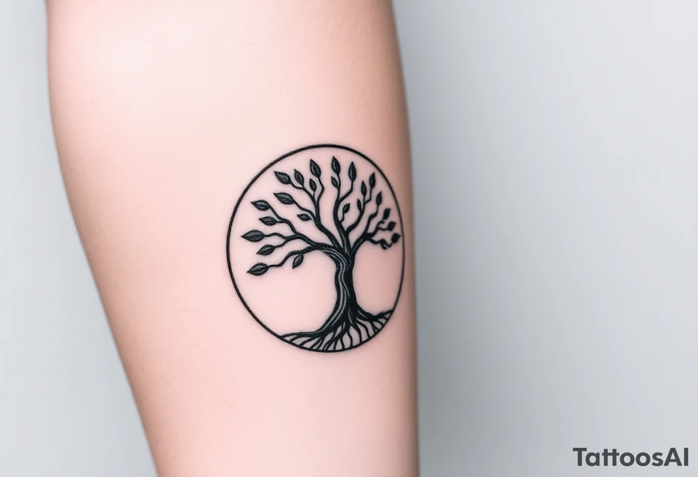 Tree with few leaves encircled in a spiral circle starting from the center of the tree and spiraling out, clockwise direction tattoo idea