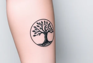 Tree with few leaves encircled in a spiral circle starting from the center of the tree and spiraling out, clockwise direction tattoo idea