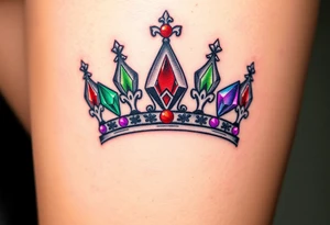 royal crown embellished with multiple diamonds, each one glowing with a different color: red, blue, green, and purple, creating a vibrant, regal aestheti tattoo idea