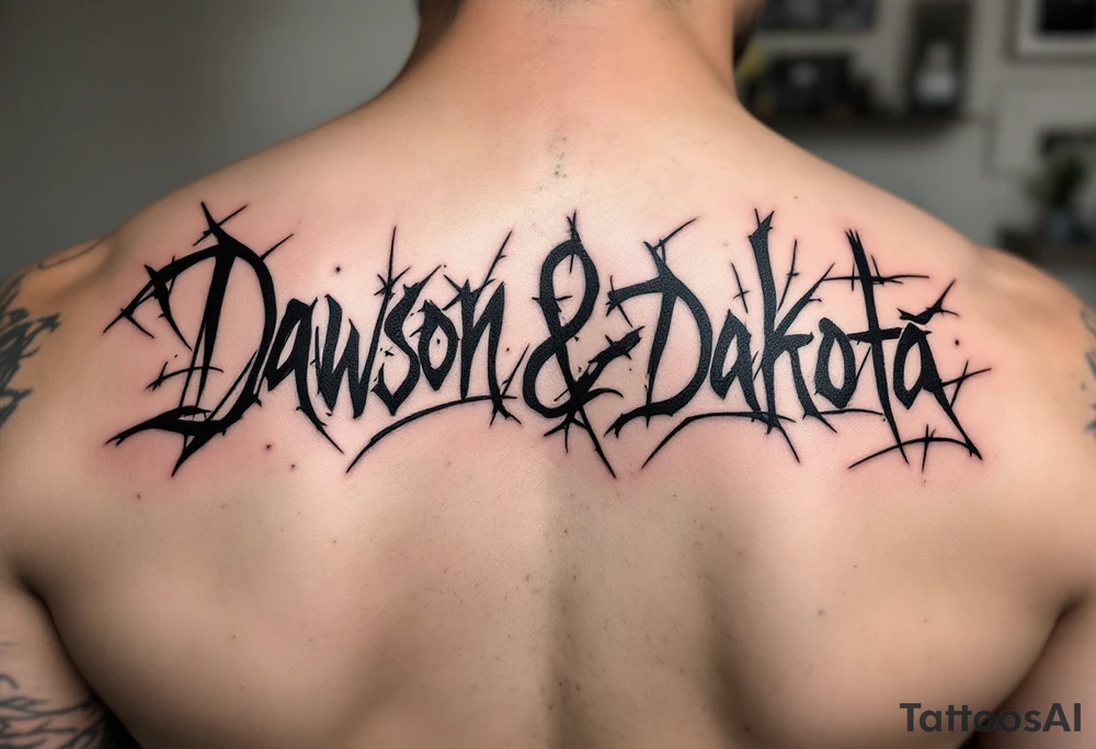 Dawson and Dakota names in a graffiti into a full tattoo sleeve tattoo idea