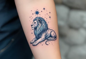 A celestial lion formed from stardust and soft gray shading lies beneath the Leo star constellation, in a wash of indigo and teal. tattoo idea