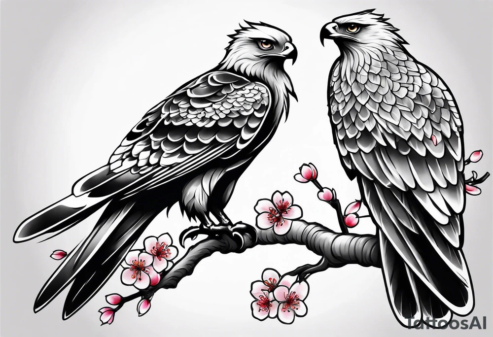 traditional style
full leg sleeve with one hawk and cherry blossoms tattoo idea