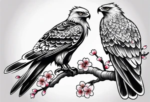 traditional style
full leg sleeve with one hawk and cherry blossoms tattoo idea