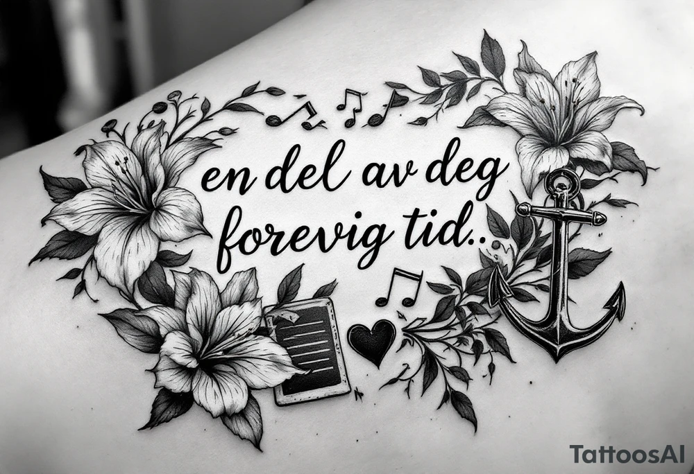 Quote: en del av deg forevig tid. Pappa 20.12.24
Surround the quote with gladiolius, notes, a heart and an anchor tattoo idea