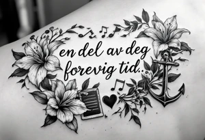 Quote: en del av deg forevig tid. Pappa 20.12.24
Surround the quote with gladiolius, notes, a heart and an anchor tattoo idea