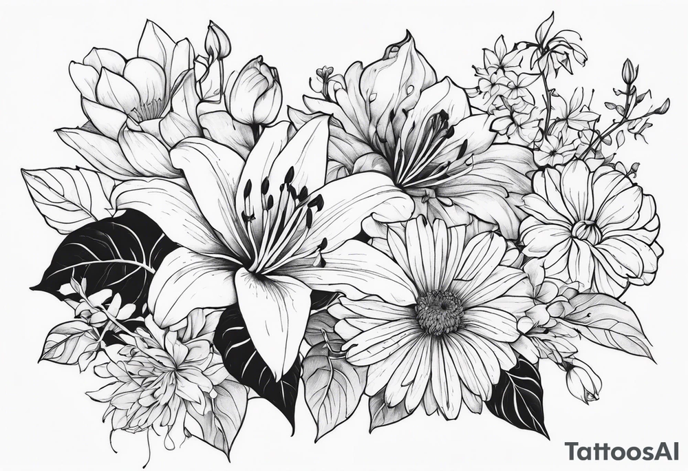 Lillies, roses, morning glories, chrysanthemums tattoo idea