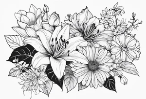 Lillies, roses, morning glories, chrysanthemums tattoo idea