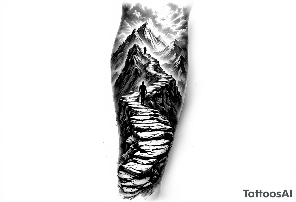A black and grey tattoo sleeve design featuring a rugged mountain path winding upwards, symbolizing perseverance. A lone figure climbs the path with torn but determined hands gripping a rope. The background fades into storm clouds with rays of light breaking through, symbolizing divine favor. The texture of the tattoo is realistic with fine details, blending elements of stoicism, grit, and faith. The design flows seamlessly from forearm to upper arm, with darker tones at the bottom and lighter tones at the top. tattoo idea