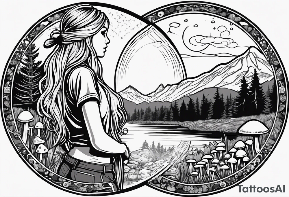 Whole picture encircled fully

Straight long blonde hair hippie girl in distance holding mushrooms in hand facing away toward mountains and creek surrounded by mushrooms tee shirt and hiking pants; whole rendering within a full circle, no cut off circle tattoo idea