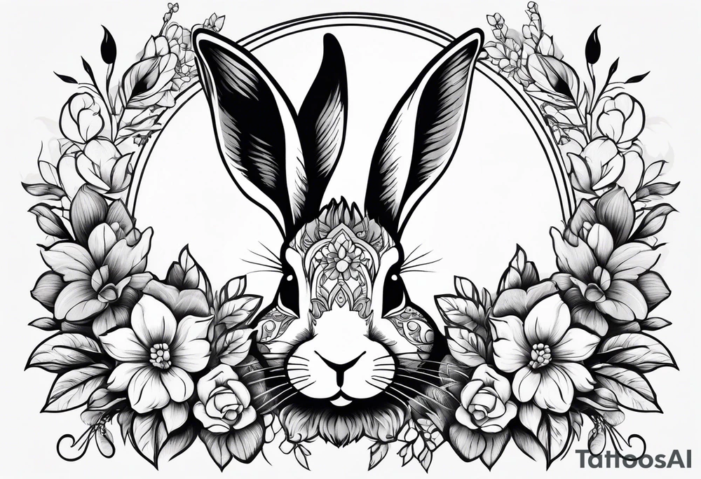 Rabbit head and flowers tattoo idea