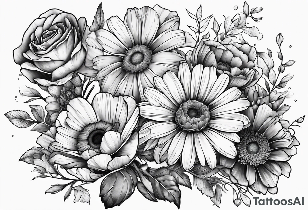 Bouquet of a Daisy, rose and poppy. Masculine. tattoo idea