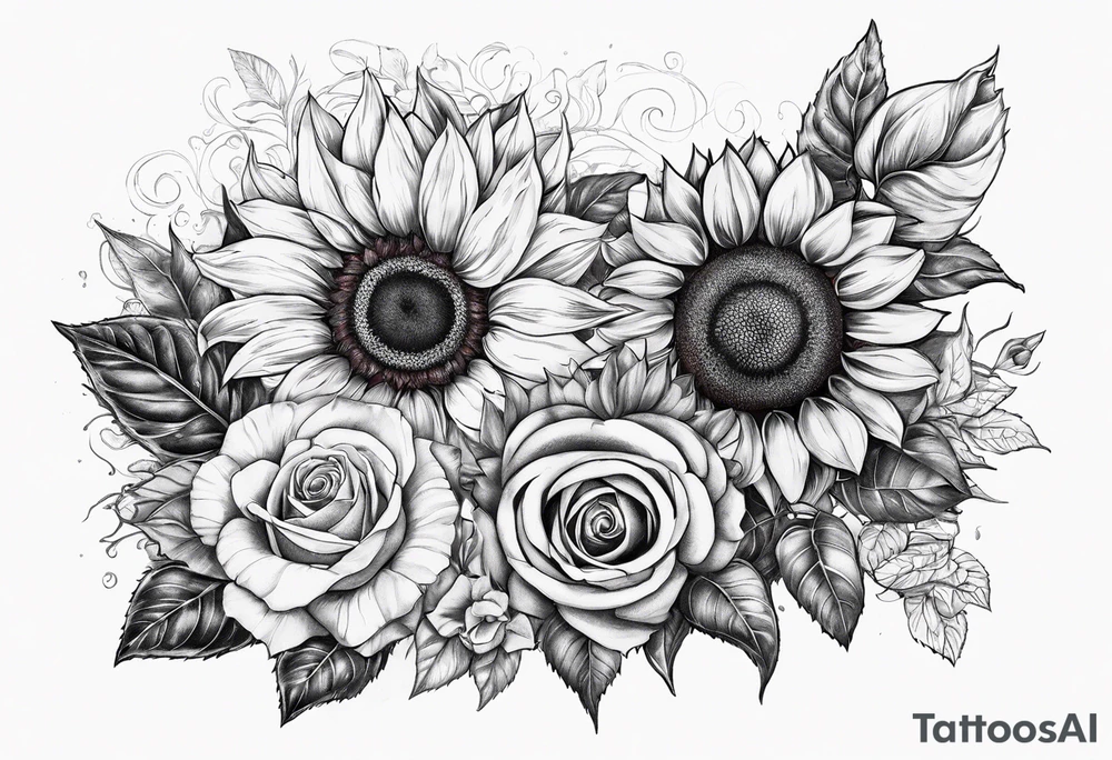 Sunflower and roses with the name Arianna in red scrip letters and “you are my sunshine” tattoo idea