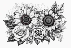 Sunflower and roses with the name Arianna in red scrip letters and “you are my sunshine” tattoo idea