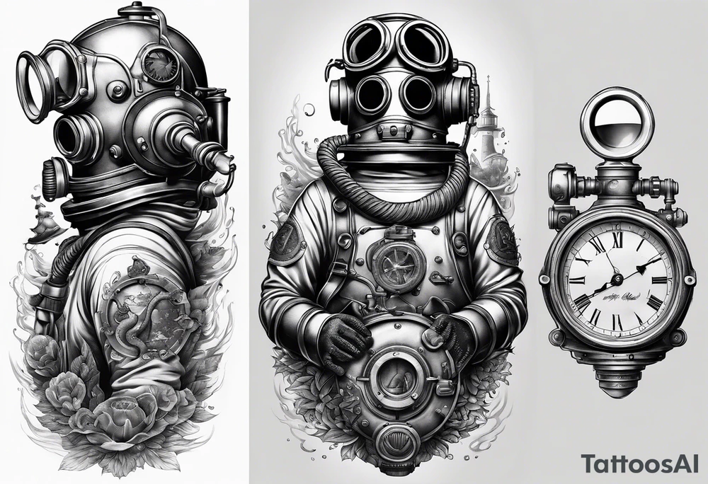 make a full sleeve nautical tattoo design including a deep sea diver with a Mark V diving helmet tattoo idea