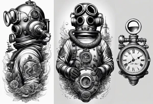 make a full sleeve nautical tattoo design including a deep sea diver with a Mark V diving helmet tattoo idea