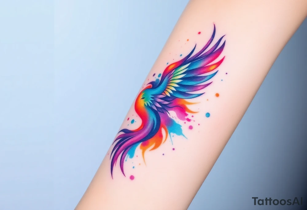 Phoenix in a fire with purple, blue, orange, teal and green splashes, looking upwards with a fierce eye. No black outline. tattoo idea