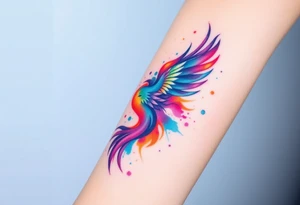 Phoenix in a fire with purple, blue, orange, teal and green splashes, looking upwards with a fierce eye. No black outline. tattoo idea