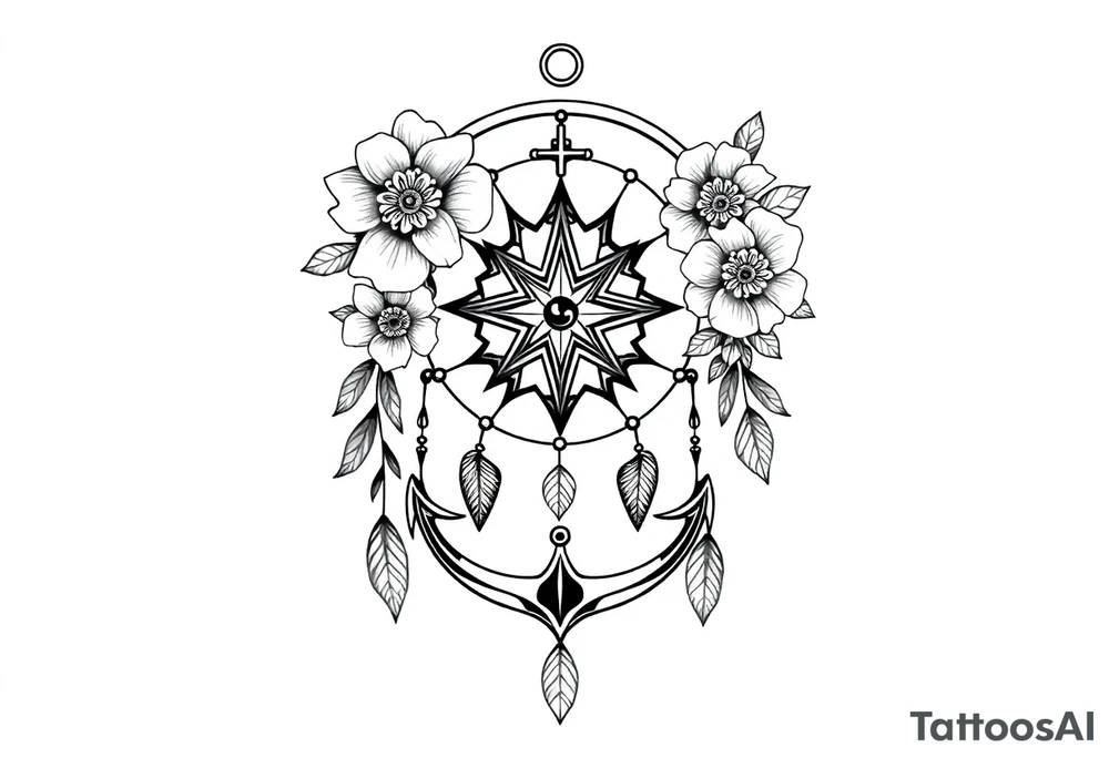 Boho dream catcher with compass and anchor Beautiful flowers and an ornamental chandelier like look tattoo idea