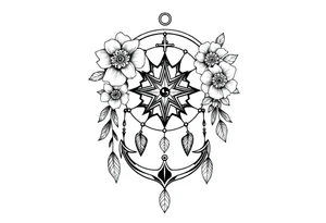 Boho dream catcher with compass and anchor Beautiful flowers and an ornamental chandelier like look tattoo idea