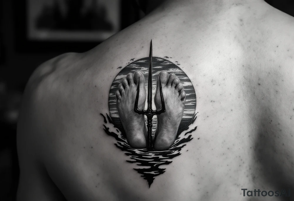 barefeet behind trident with water and sunset tattoo idea