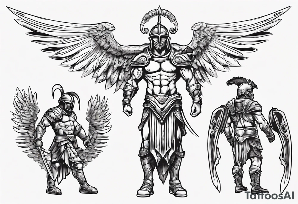 ultra-fine line linework vector of a gladiator with wings tattoo idea