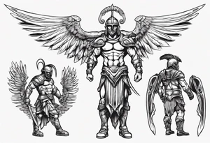 ultra-fine line linework vector of a gladiator with wings tattoo idea
