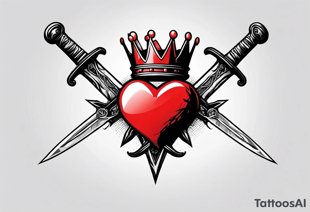 A simple design of a crown of thorns resting on a sword that is piercing a heart tattoo idea