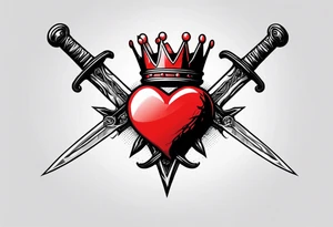 A simple design of a crown of thorns resting on a sword that is piercing a heart tattoo idea
