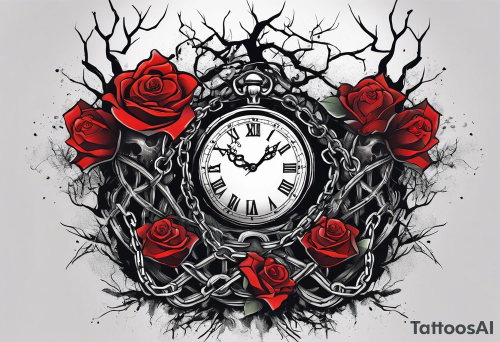 tattoo sleeve, tree roots break out of the chains at the bottom of the hand, Symbolizing loss, an image of a broken mask, Clock with flying numbers, girl, skull, roses tattoo idea