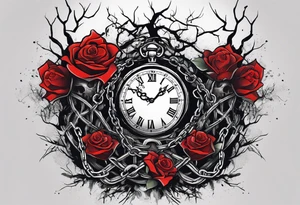 tattoo sleeve, tree roots break out of the chains at the bottom of the hand, Symbolizing loss, an image of a broken mask, Clock with flying numbers, girl, skull, roses tattoo idea