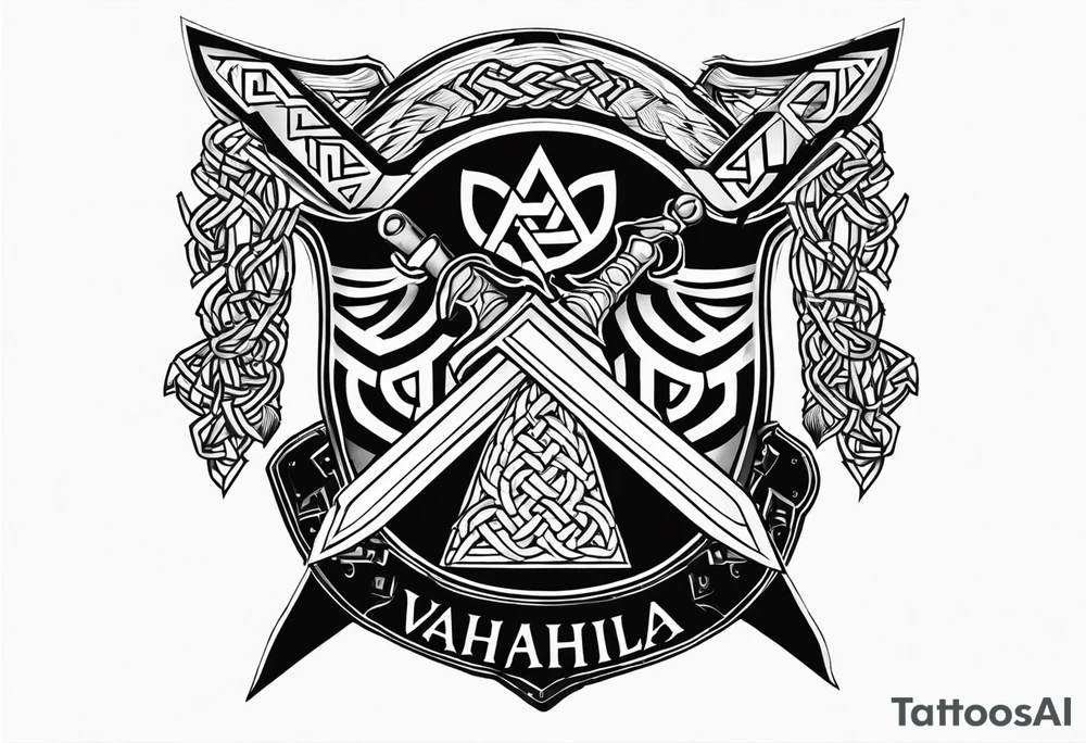 Valhalla shield sword axe Valknut chains tattoo idea