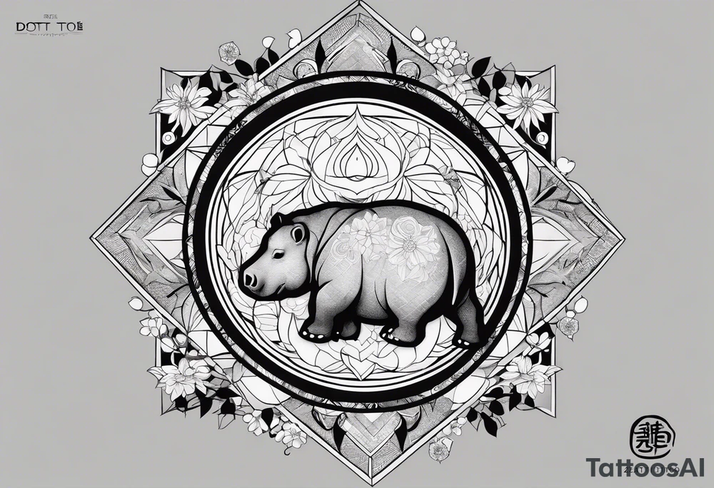 Very asymmetrical, +geometric pattern, with realistic full moon, with seeious looking hippo, +zen feel, + Buddhism touch, +tribal, +geometric
with wintersweet flower bud, +portrait orientation, +inkart touch, tattoo idea
