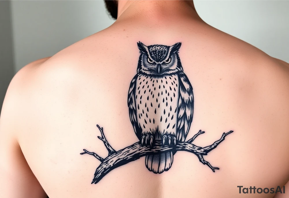 wise owl perched on ancient oak branch under starlit sky tattoo idea