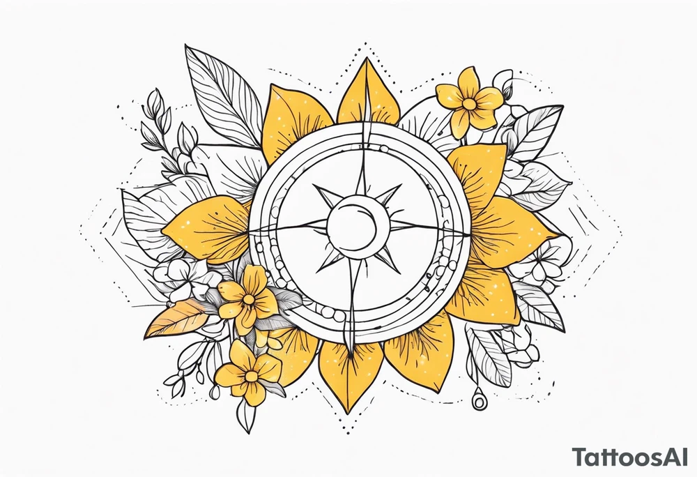 fine line with sun, stars, floral, dots. Sternum tattoo tattoo idea