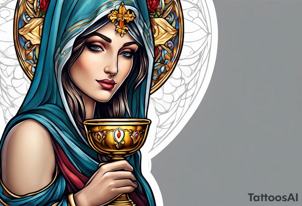 Female saint holding a chalice tattoo idea