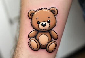 Adámek inside a light brown teddy bear, stitched in soft outline style. tattoo idea