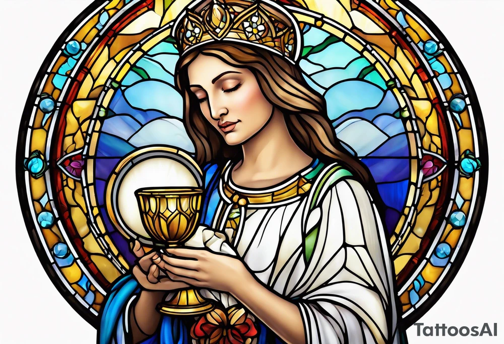 holy saint woman with halo stained glass holding a chalice tattoo idea