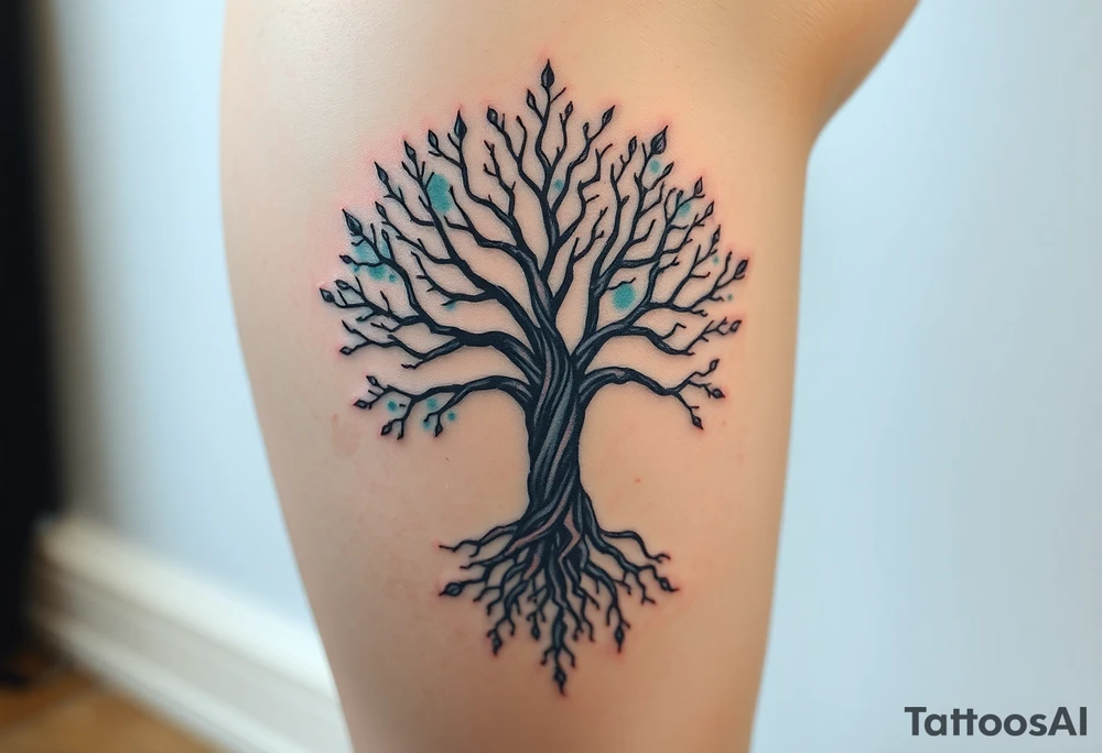 mystical tree of life with cosmic roots and celestial branches tattoo idea