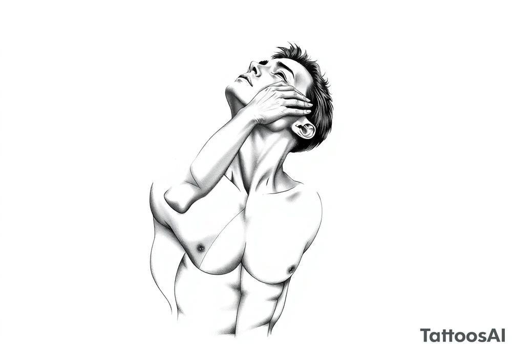 a naked man coveing his eyes and mouth and looking up the sky tattoo idea