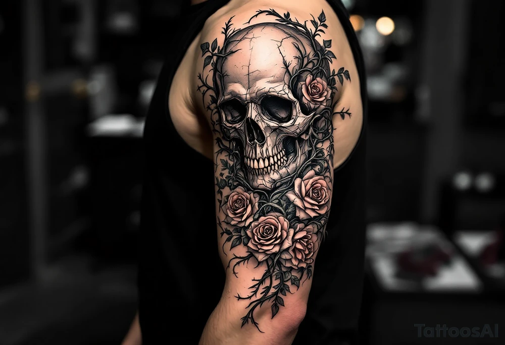 gothic skull intertwined with climbing roses and thorny vines tattoo idea