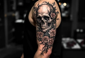 gothic skull intertwined with climbing roses and thorny vines tattoo idea