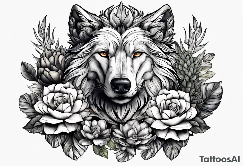 Lobo animal, cactos, flor tattoo idea