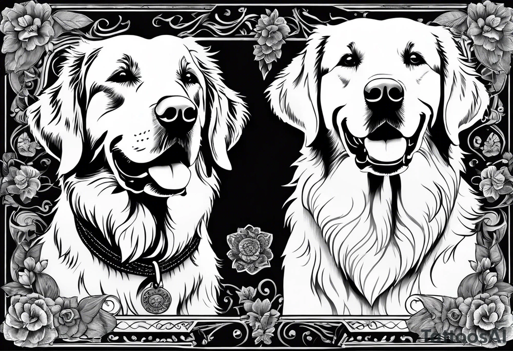 Two dogs. One happy dark colored golden retriever. The other is a yellow Labrador. tattoo idea