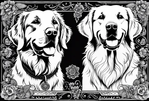 Two dogs. One happy dark colored golden retriever. The other is a yellow Labrador. tattoo idea