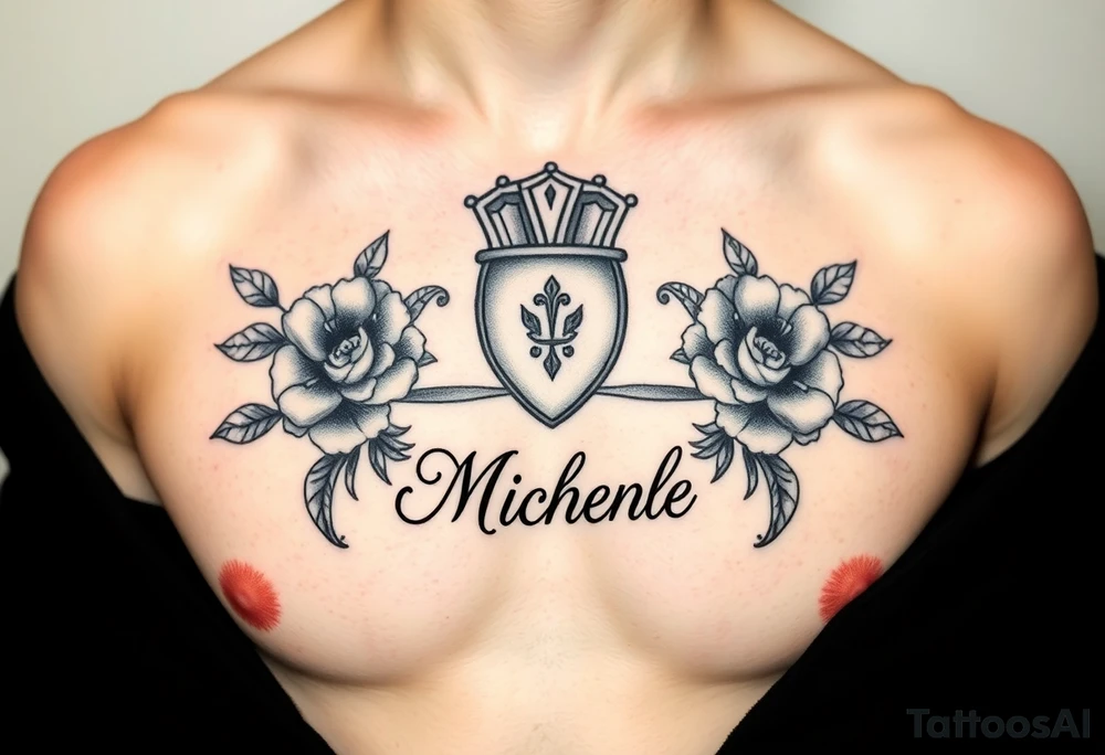 Claddagh with the name Michelle on the chest. Irish flowers tattoo idea