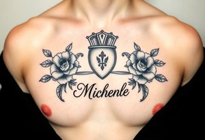 Claddagh with the name Michelle on the chest. Irish flowers tattoo idea