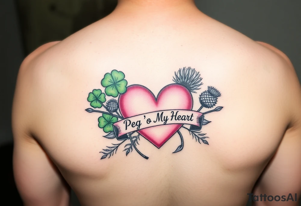 Bunch of Green shamrocks & a few purple thistles with a big pink heart and a banner across the heart that says " Peg 'o My Heart" tattoo idea