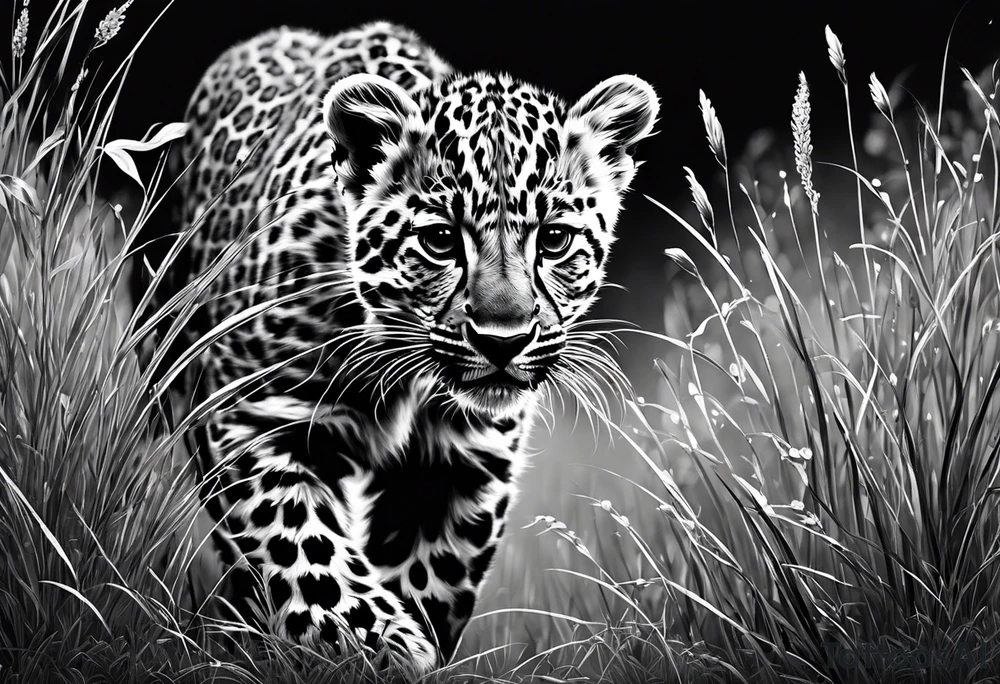 baby leopard walking straight with gras in the background tattoo idea